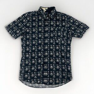 Y2K Volcom Skull Dead AOP Goth Punk Skate Mens Button Shirt Black Sz S Slim Fit
